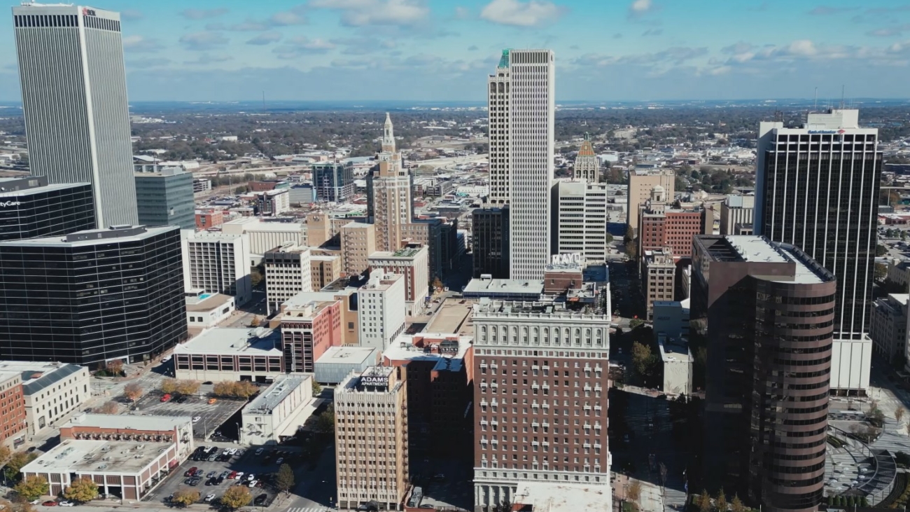 An image of Tulsa Oklahoma taken from a drone in the sky